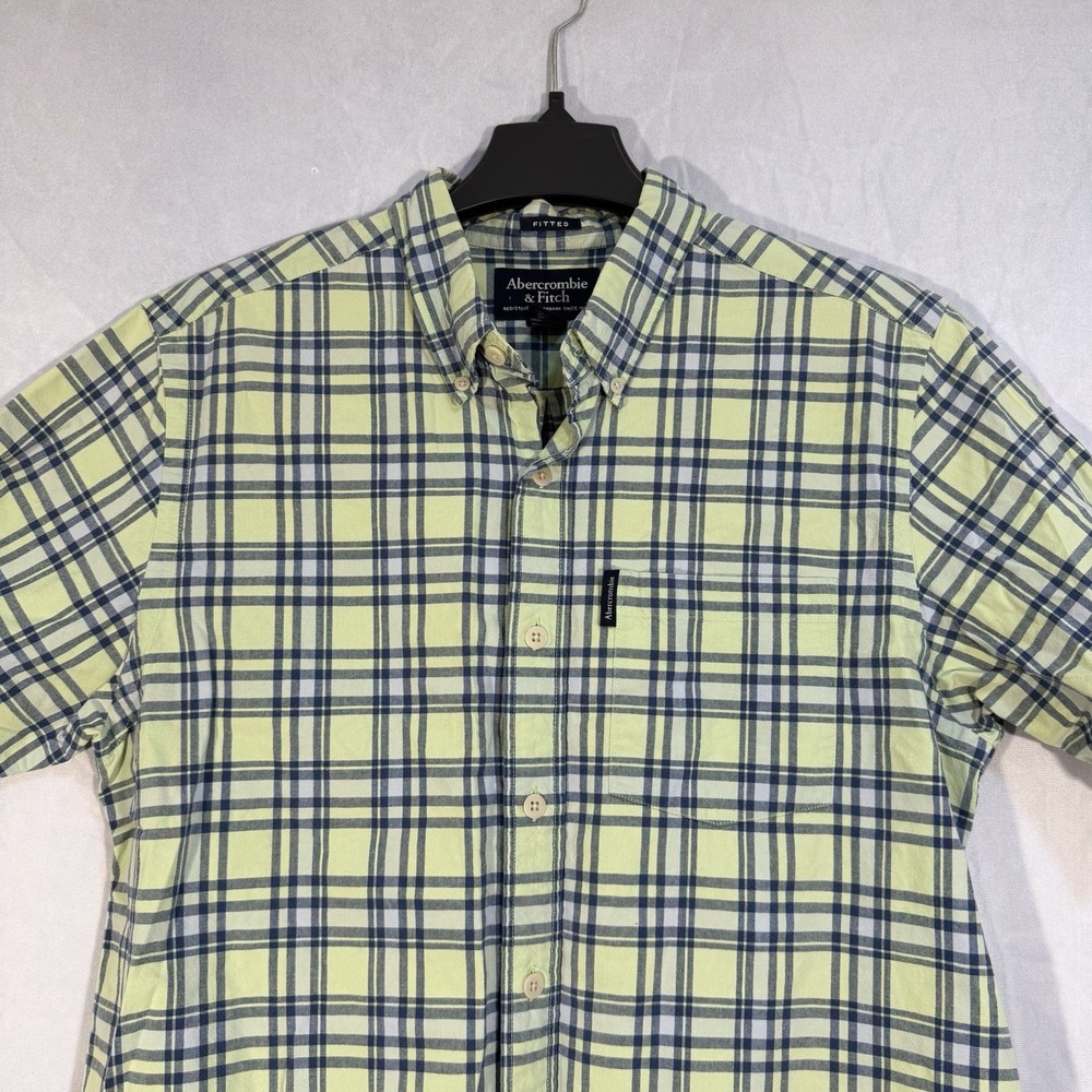 vintage abercrombie and fitch‎ Short Sleeve Button Up Plaid Green Shirt FITTED L